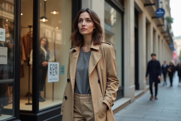 Femme en trench beige devant un magasin vide