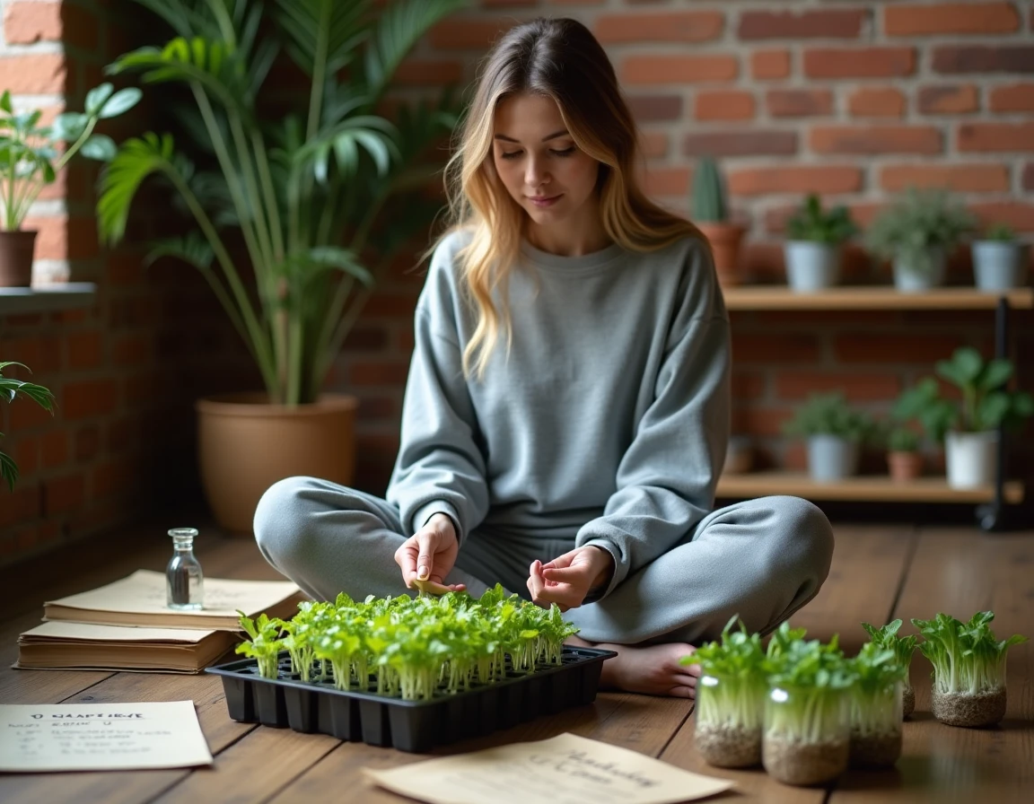 Jeune femme examinant un plateau de graines de salade germées entourée de matériel de jardinage indoor