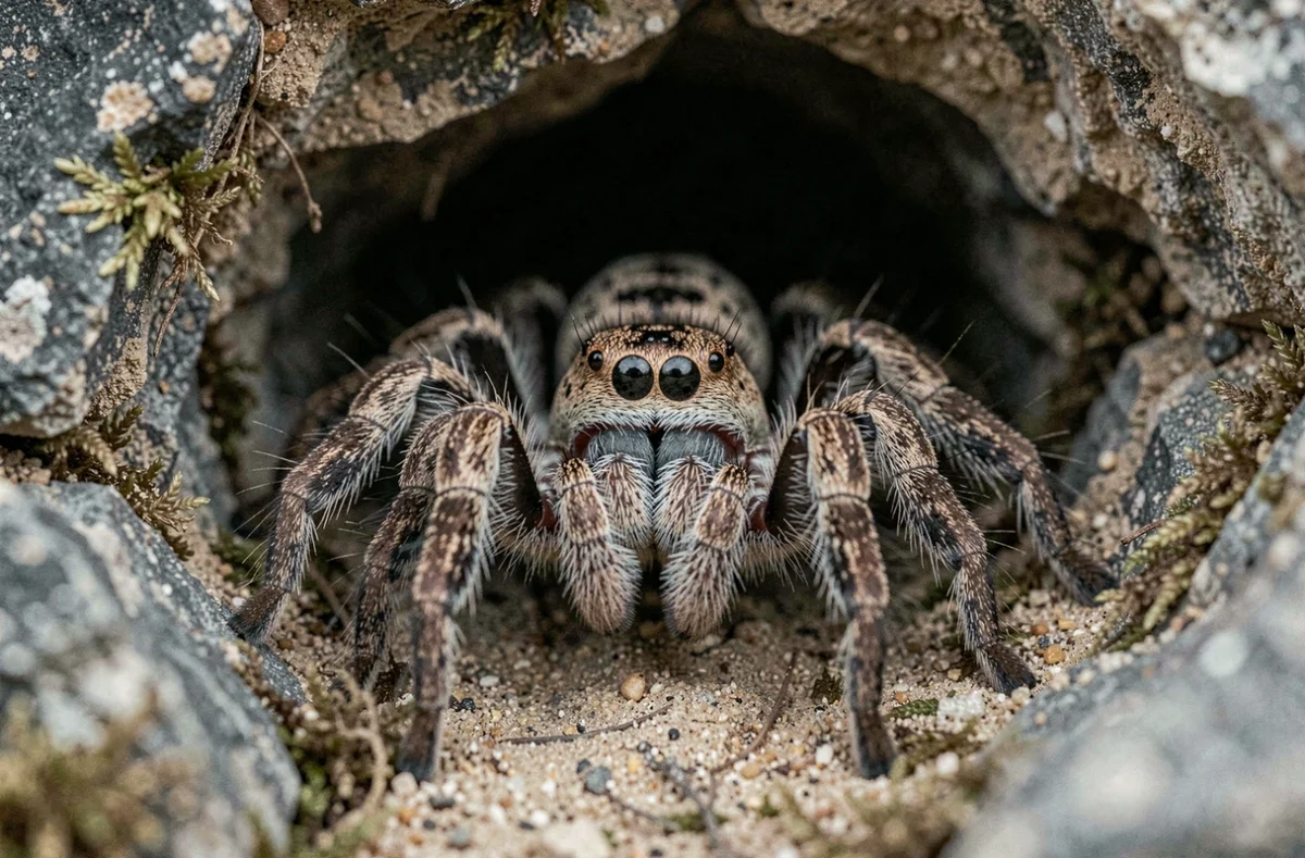 Gros plan extrême d'une araignée couteau africaine tapie dans une fissure rocheuse, révélant ses chélicères et ses yeux multiples