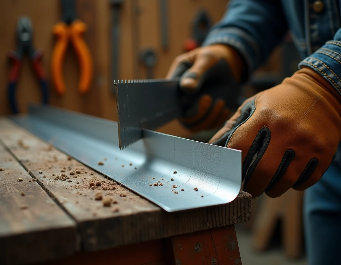 Gros plan sur la découpe précise d'une gouttière en zinc avec une scie à métaux en atelier