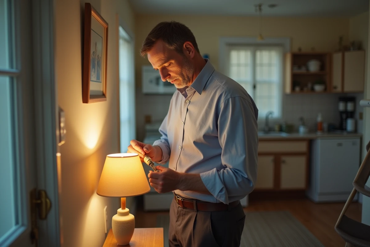 Homme vérifiant une lampe de table dans un appartement
