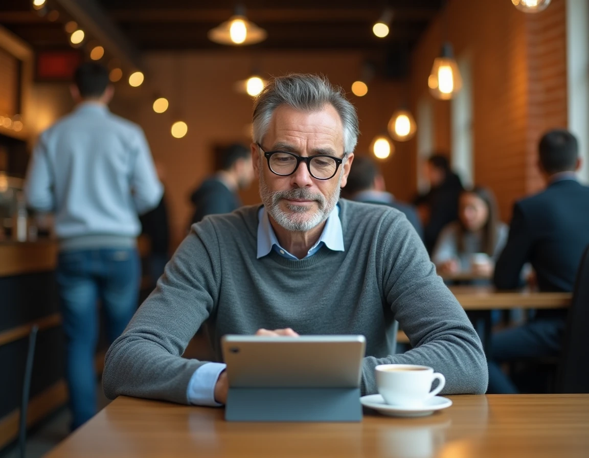 Homme novice en investissement consultant une application boursière dans un café urbain