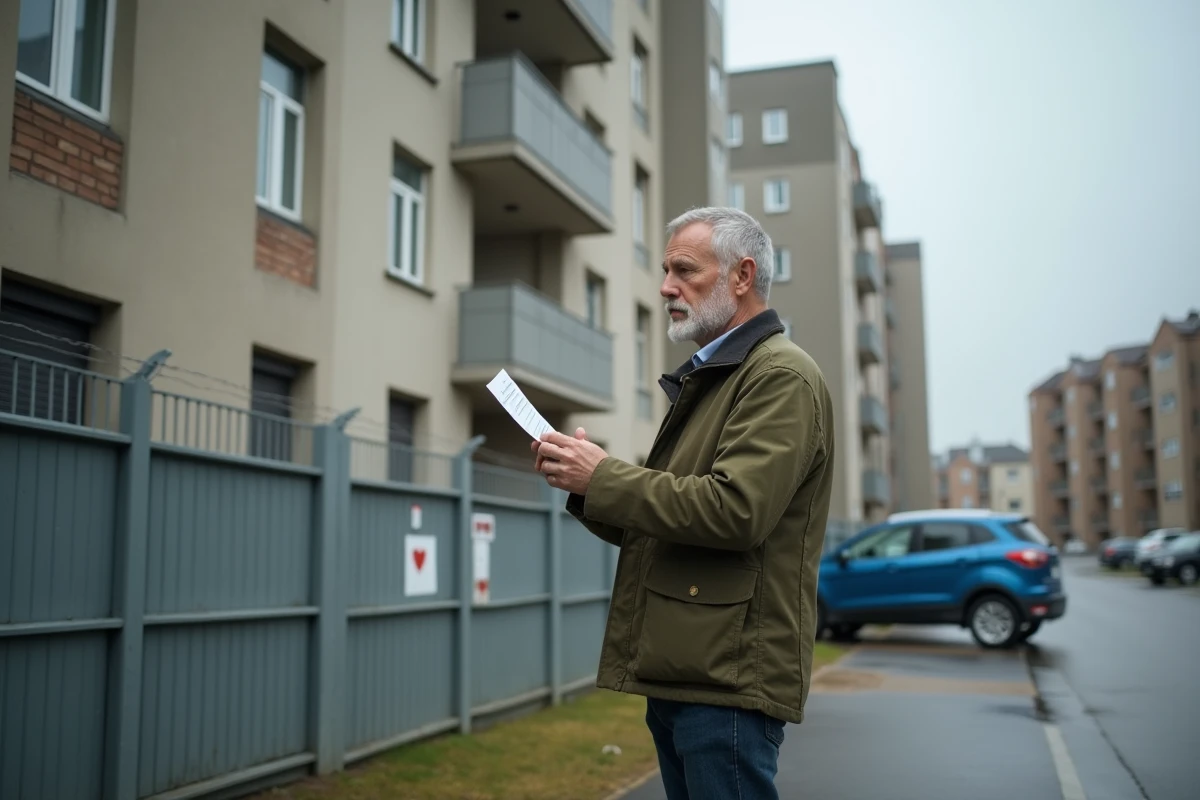 Homme examinant un immeuble de logement social en consultant une liste de démarches alternatives