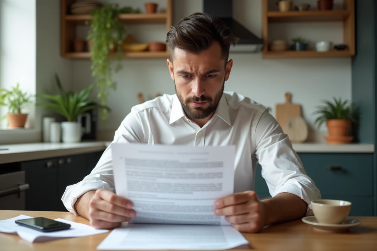 Homme seul à la maison lisant un refus de son médecin concernant un arrêt de travail avec une expression préoccupée