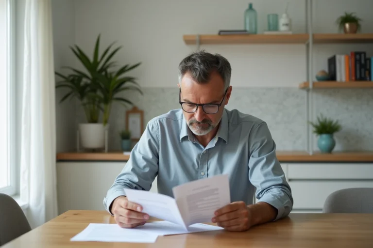 Homme d'âge moyen examinant des documents financiers et contrats immobiliers
