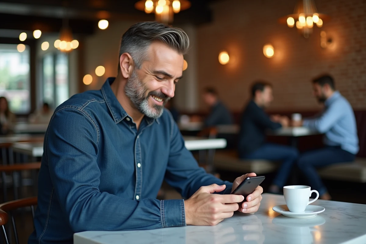 Homme consultant un site de machines à sous gratuites sur smartphone dans un café moderne
