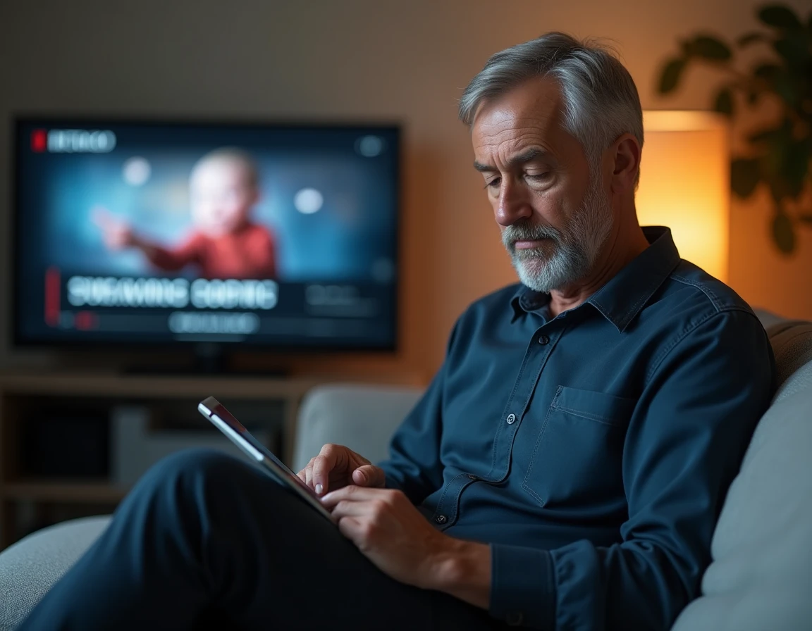 Homme analysant des avis sur une nouvelle adresse de streaming depuis sa tablette dans un salon moderne