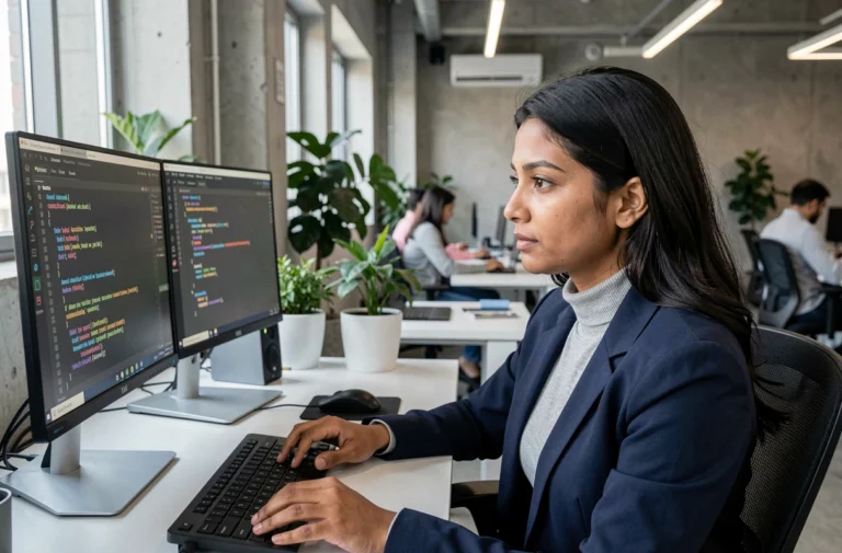 Ingénieure en intelligence artificielle responsable analysant du code éthique sur des écrans dans un open space technologique moderne
