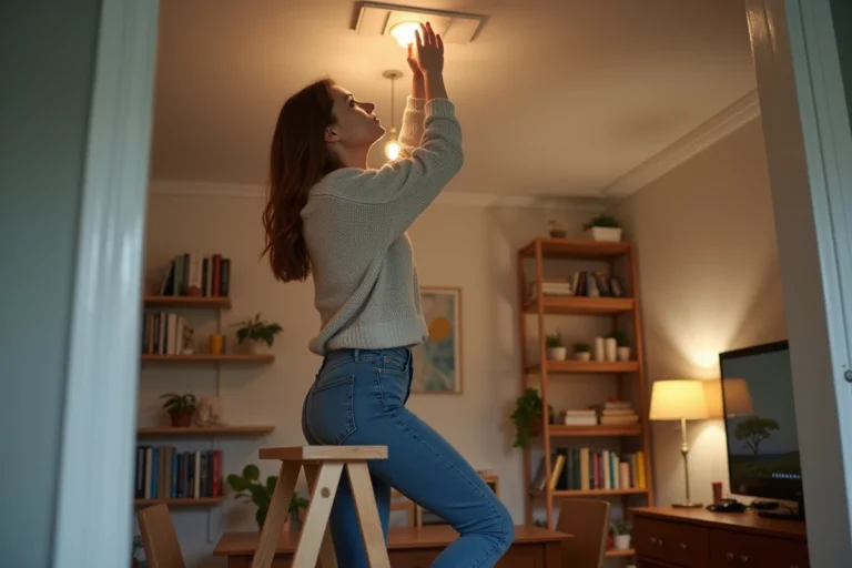 Jeune femme changeant une ampoule dans un salon cosy