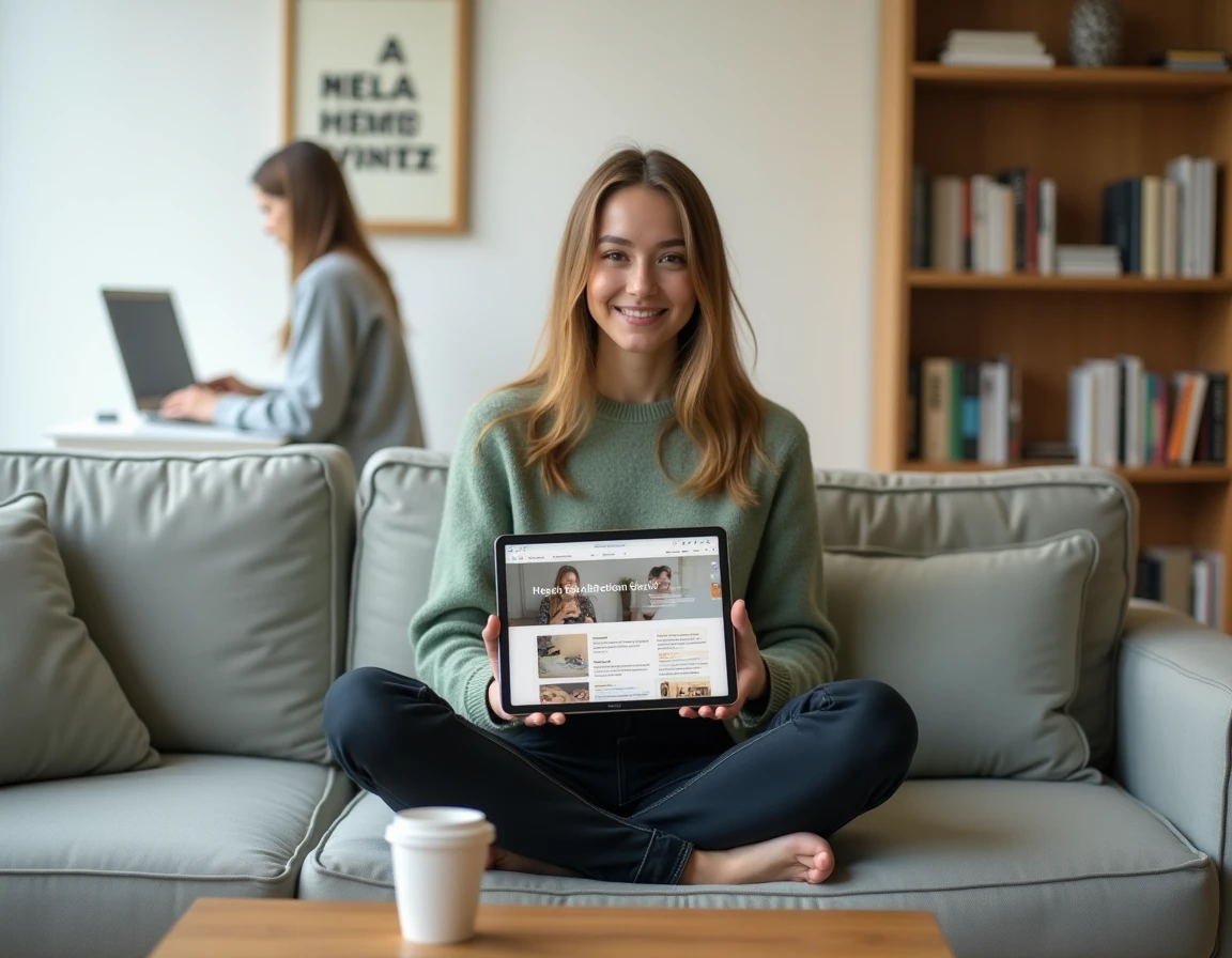 Jeune femme créant un site web professionnel sur une tablette dans un espace de coworking minimaliste