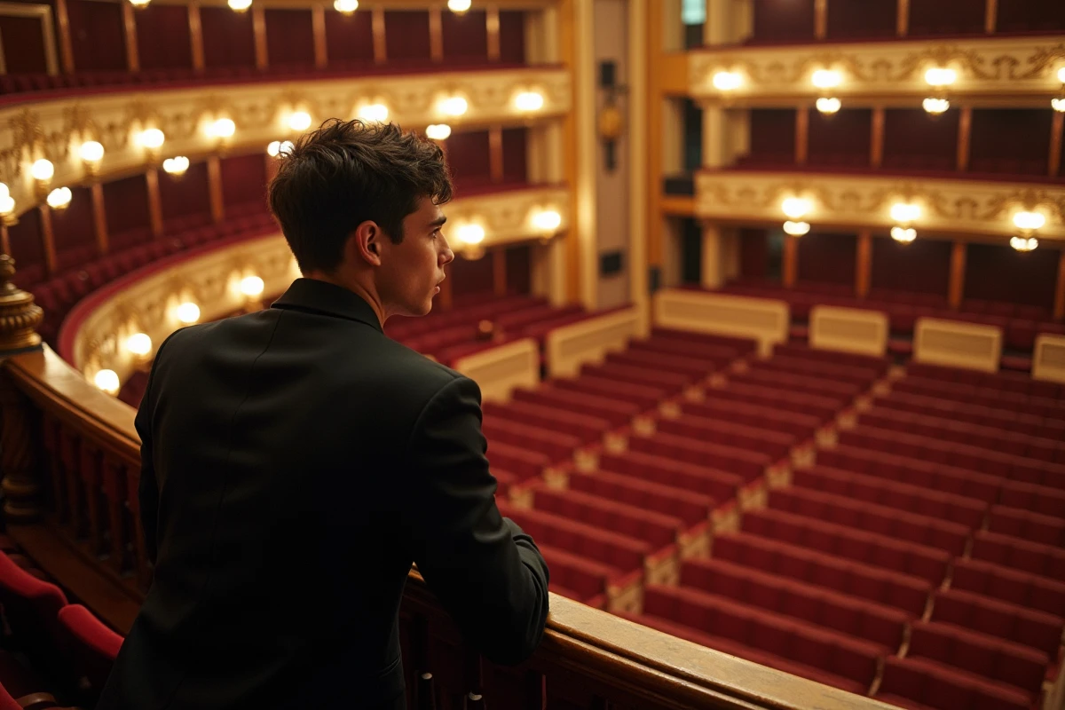 Jeune homme contemplant le théâtre depuis le balcon