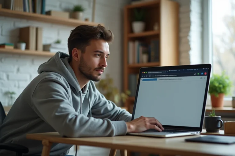 Jeune homme concentré devant son ordinateur dans un bureau cosy