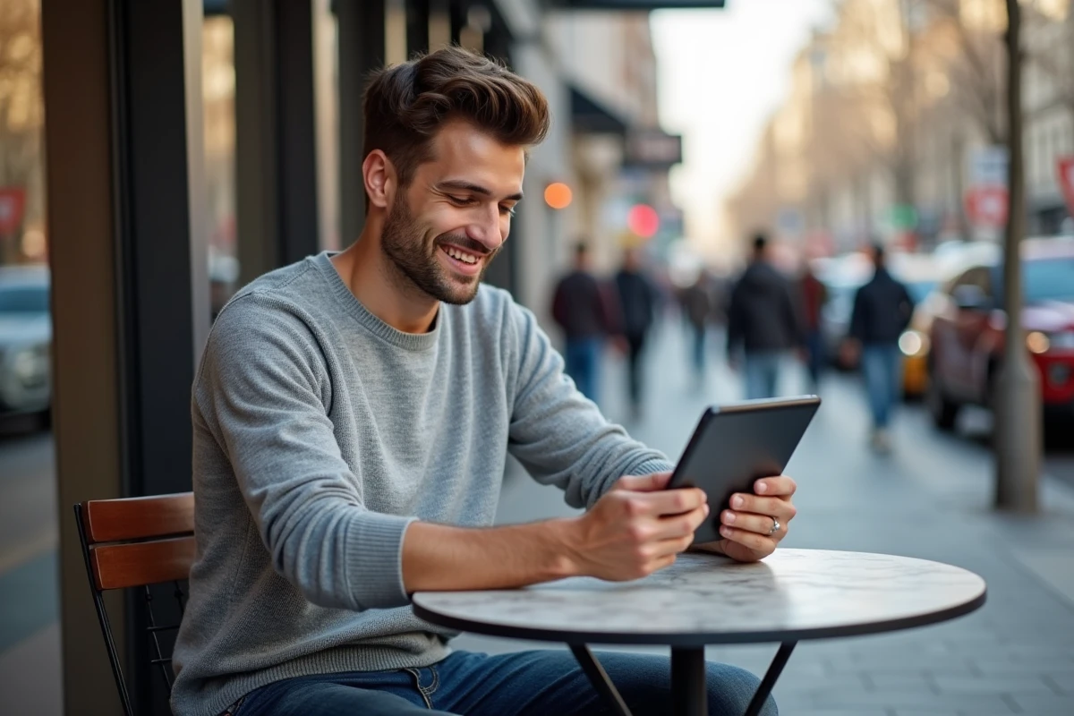 Jeune homme lisant un journal sur une terrasse de café urbaine