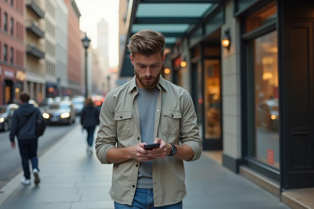 Jeune homme dans la rue vérifiant son téléphone