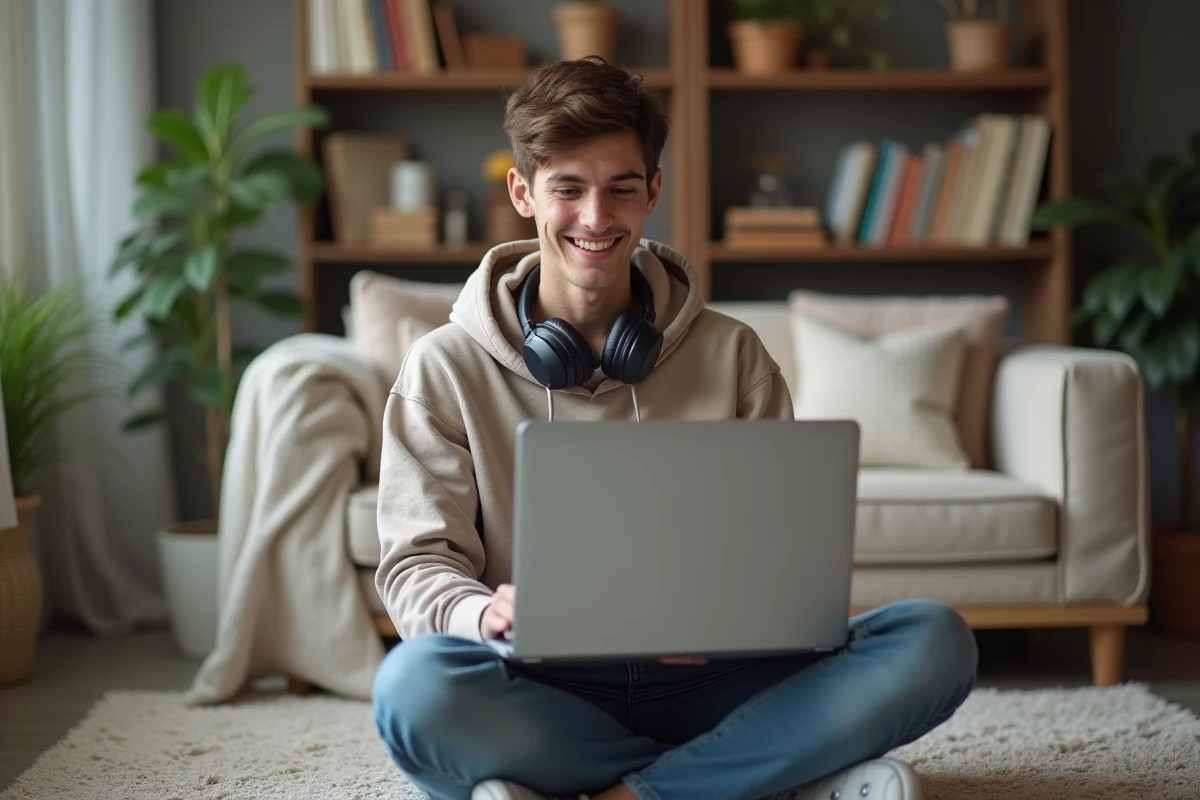 Jeune homme détendu regardant un ordinateur portable à la maison