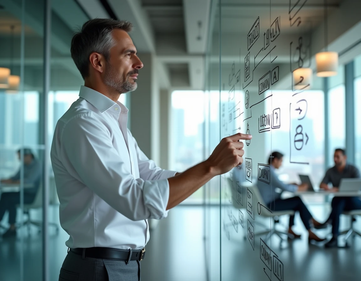 Manager présentant une stratégie de services digitaux sur un tableau en verre dans un open space collaboratif
