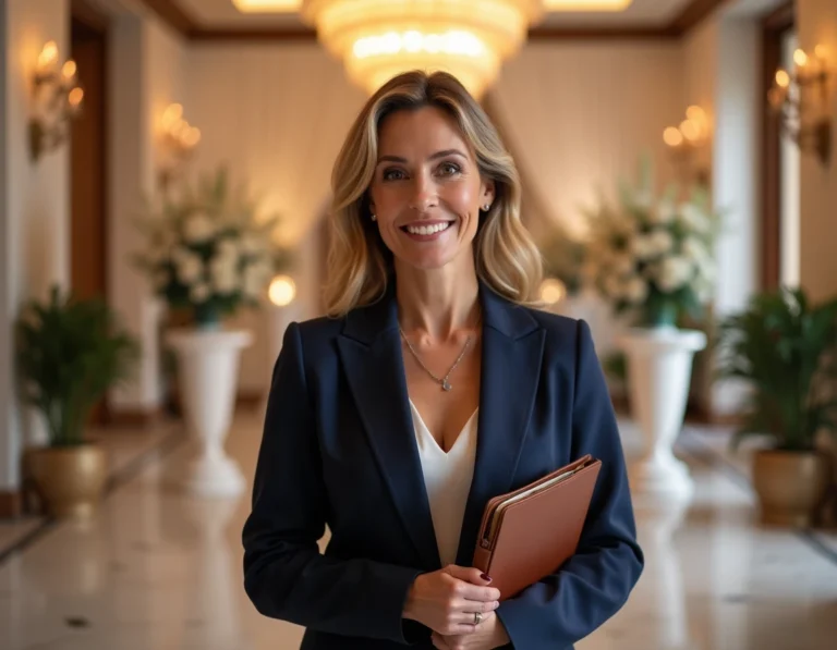 Planificatrice d'événements tenant un portfolio dans une salle de gala haut de gamme avec décoration élégante