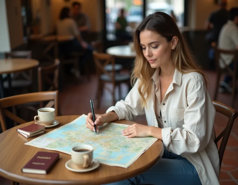 Femme préparant son voyage dans un café parisien avec une carte et un carnet de notes