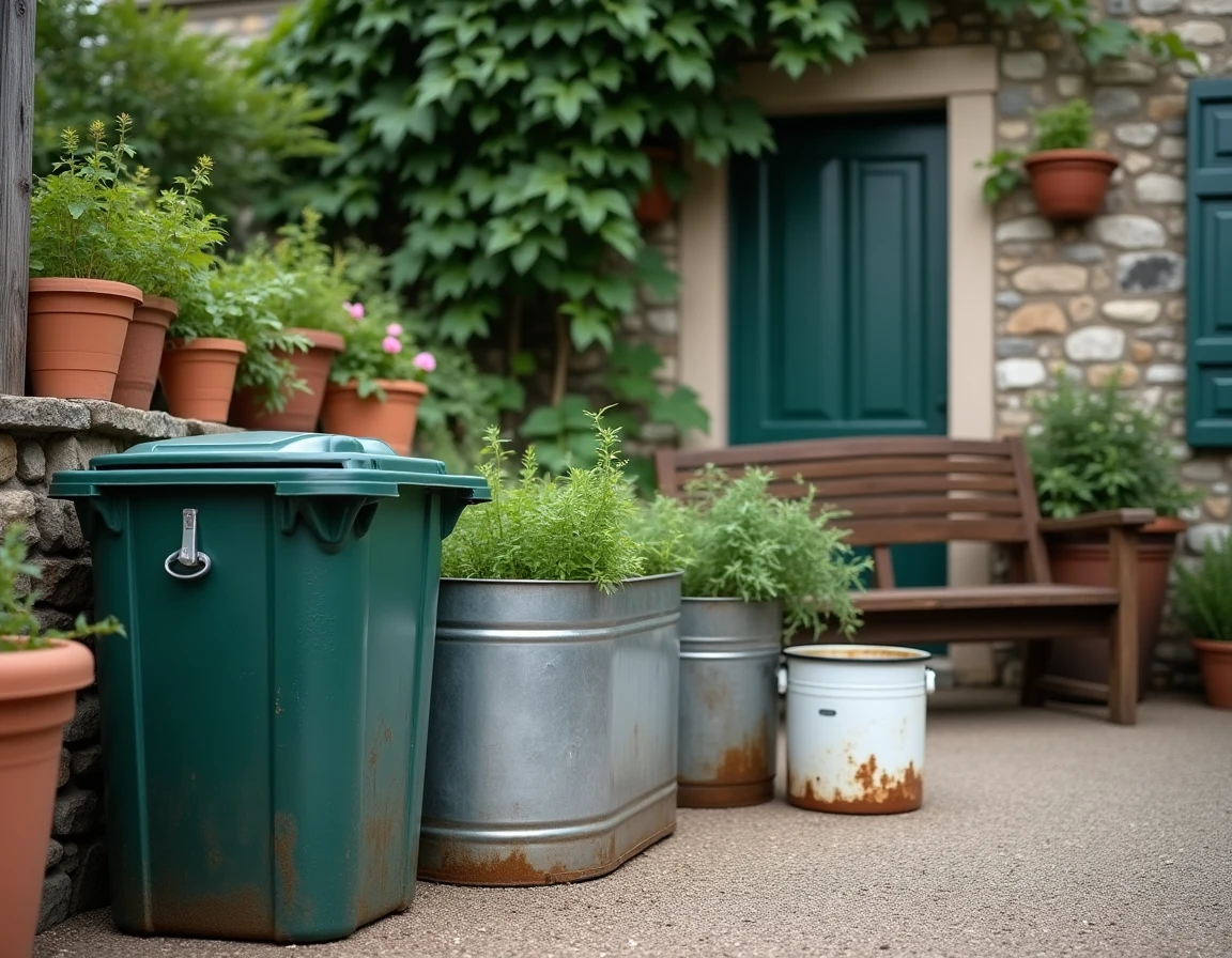 Collection de récipients récupérateurs d'eau de pluie artisanaux sur une terrasse urbaine en gravier avec mur en pierre et plantes aromatiques