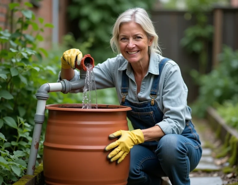 Femme jardinière récupérant l'eau de pluie dans un tonneau en terre cuite grâce à un système de gouttières DIY dans un jardin urbain
