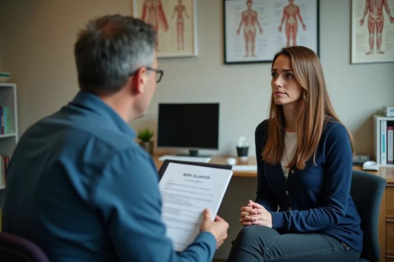 Patiente fatiguée discutant d'un refus d'arrêt de travail avec son médecin généraliste dans un cabinet médical