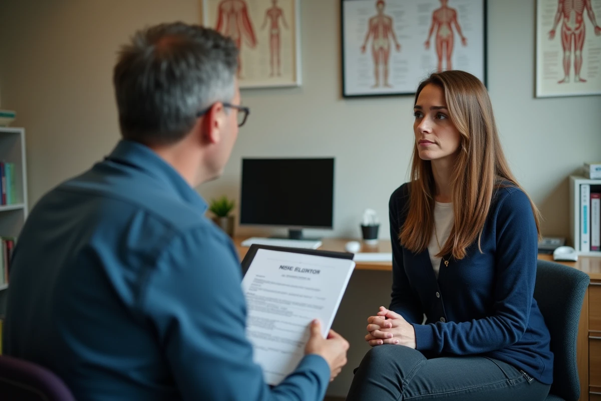 Patiente fatiguée discutant d'un refus d'arrêt de travail avec son médecin généraliste dans un cabinet médical