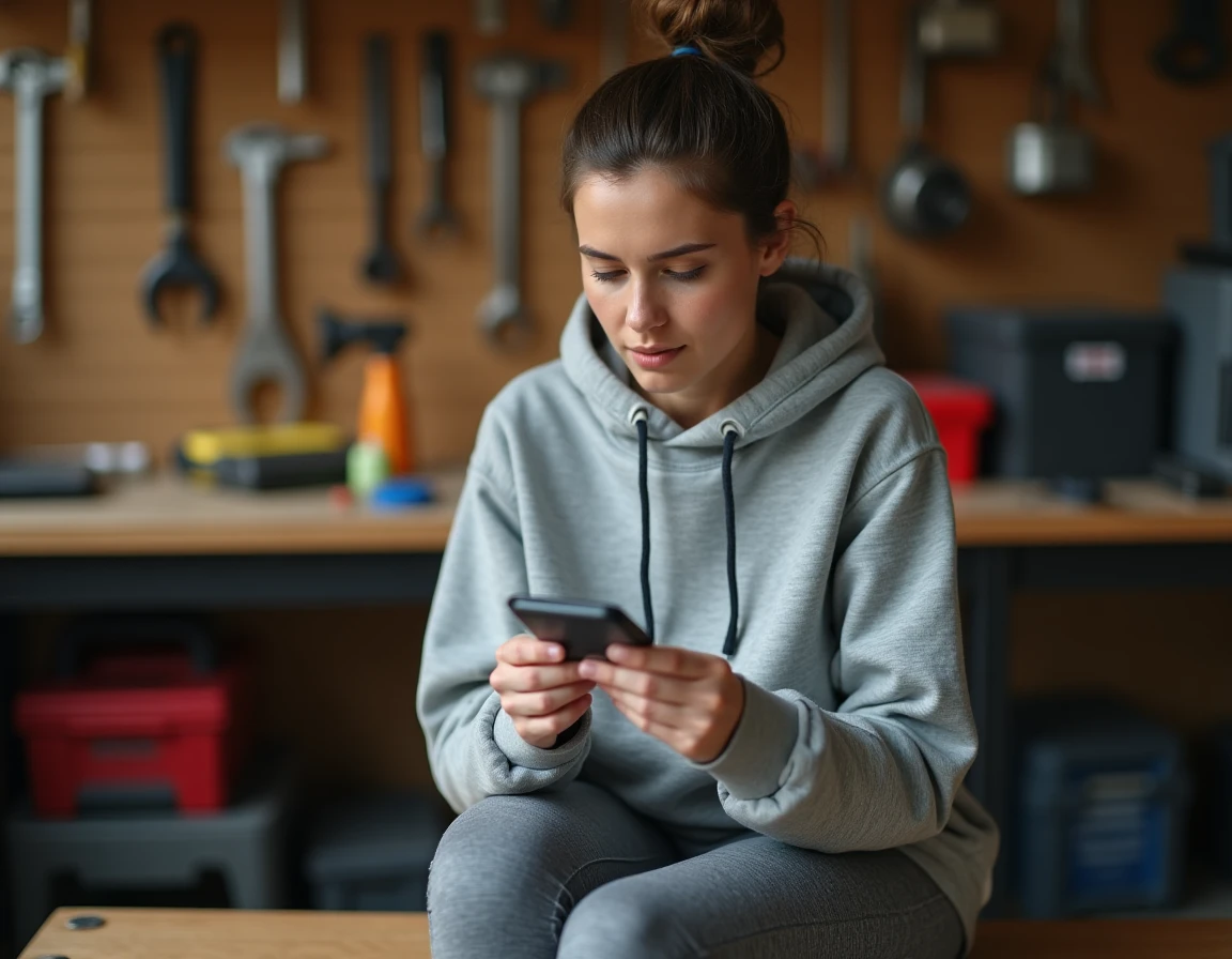Femme consultant la notice pour réinitialiser le code d'un antivol vélo Decathlon dans un garage