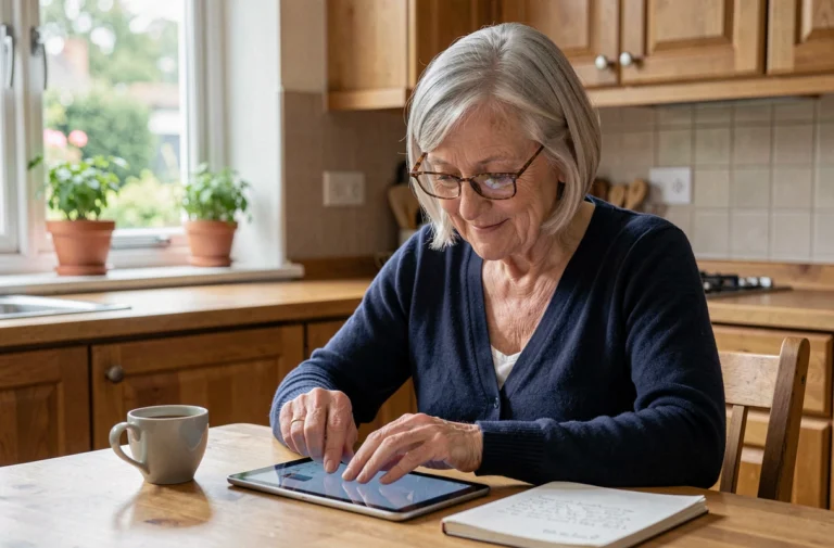 Senior femme utilisant une tablette pour accéder à des services en ligne à domicile