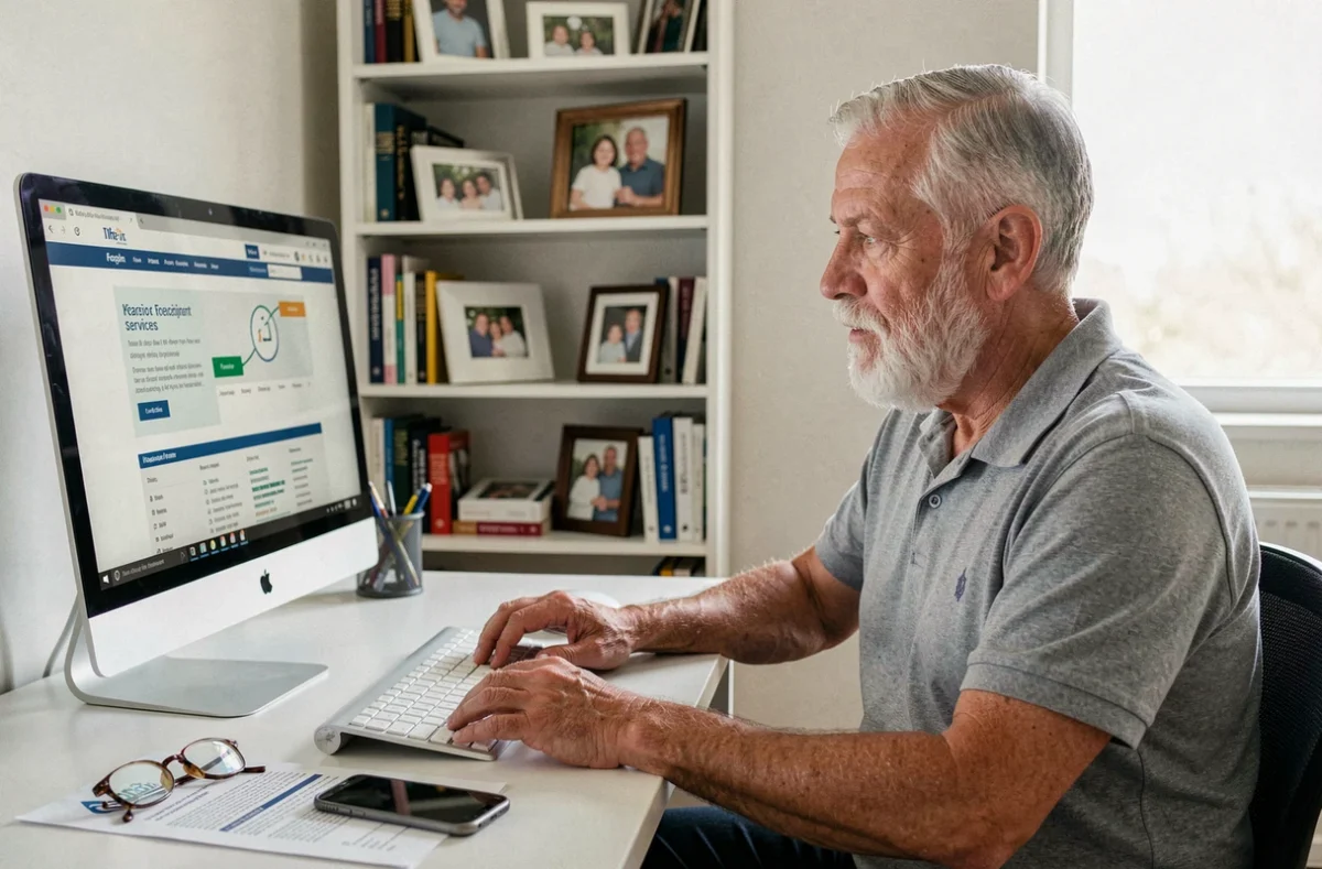 Senior homme naviguant sur des services administratifs en ligne depuis son bureau à domicile