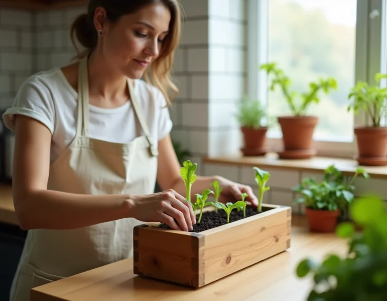 Femme qui transplante des plants de salade dans une jardinière en bois sur un plan de travail de cuisine