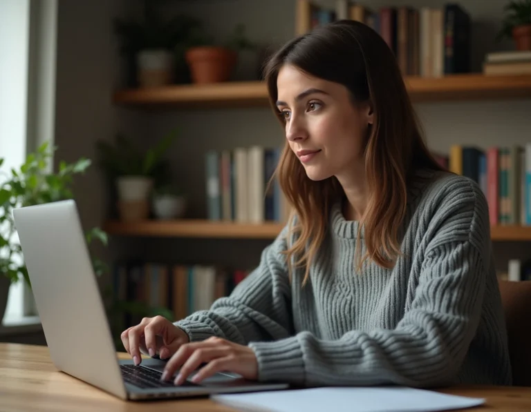 Femme vérifiant la fiabilité d'un site de streaming sur son ordinateur portable dans un bureau à domicile