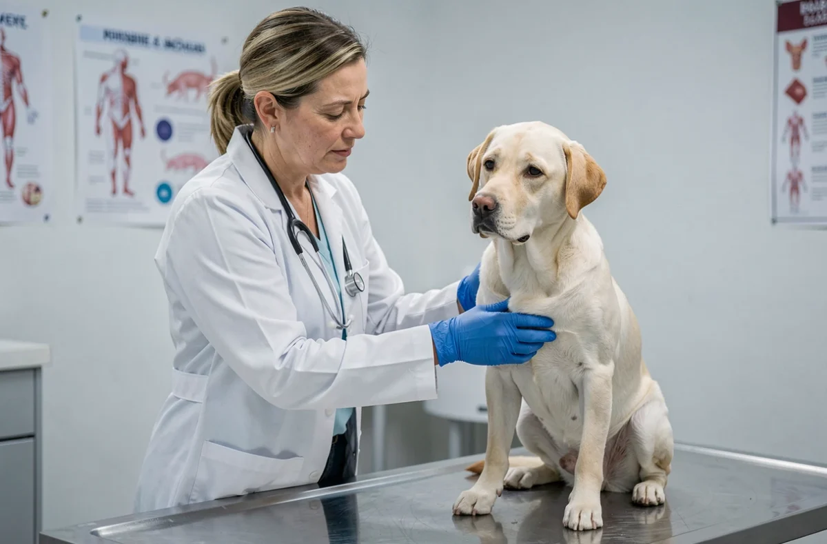 Vétérinaire examinant un labrador retriever dans une clinique, conseil santé et bien-être du chien