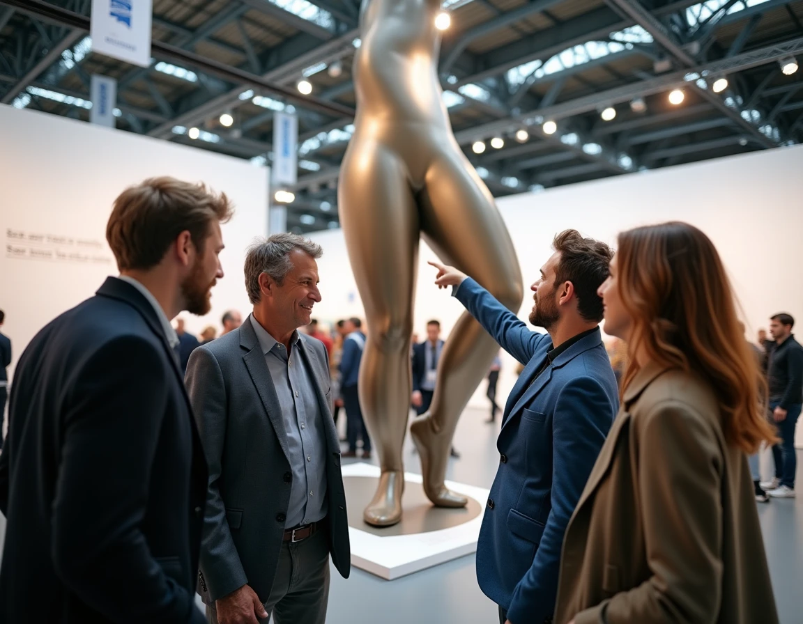 Visiteurs discutant d'une sculpture contemporaine lors d'une foire d'art à Paris