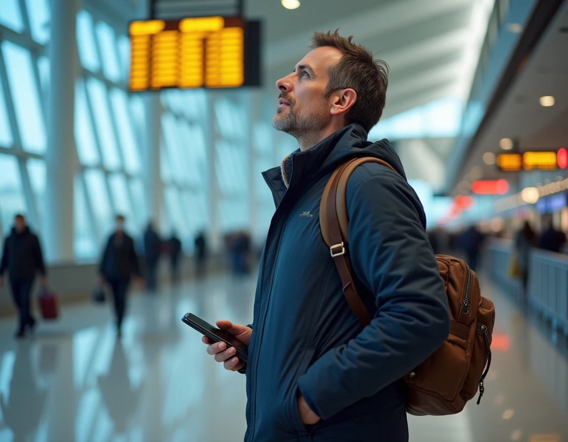 Voyageur confiant dans un terminal d'aéroport international consultant les horaires de vol