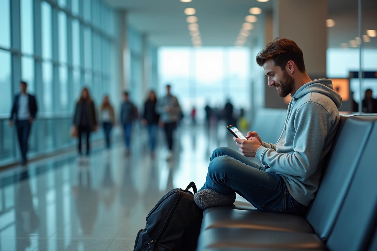 Voyageur consultant des offres de voyage sur smartphone dans un aéroport